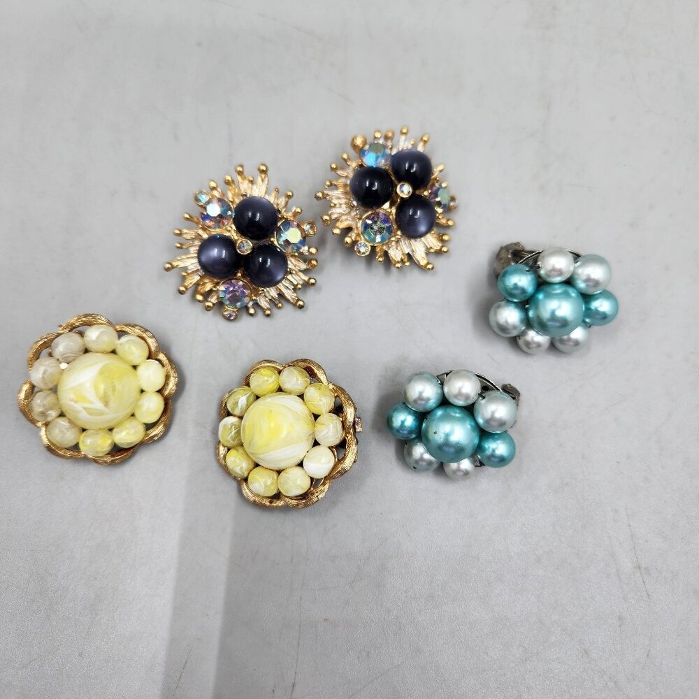 Lot of 3 Pairs Vintage Clip on Beaded Earrings Cluster Rhinestone 1 inch